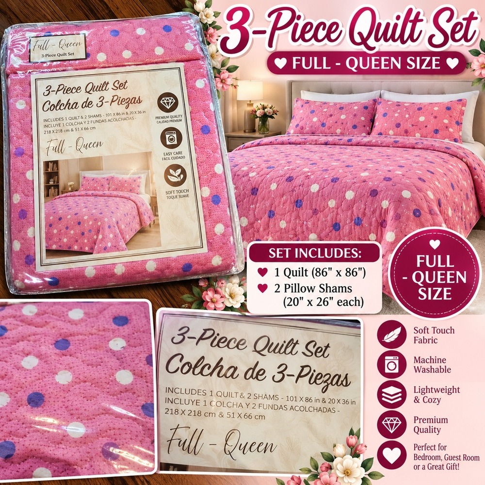 NEW Full/Queen 3-Piece Pink Polka Dot Quilt Set – Quilt + 2 Shams